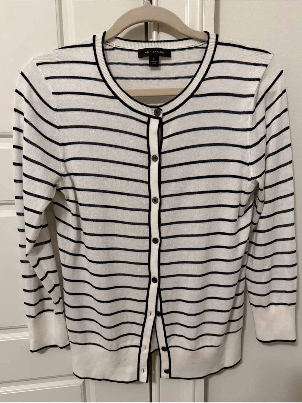 Ann Taylor off white & Black Striped Crewneck Cardigan Sweater
